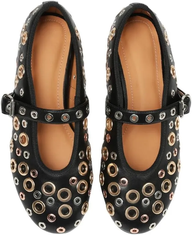 AMINUGAL Dressy Comfortable Mary Jane Flats with Strap and Buckle, Women's Metal Studded Ballerina Flats