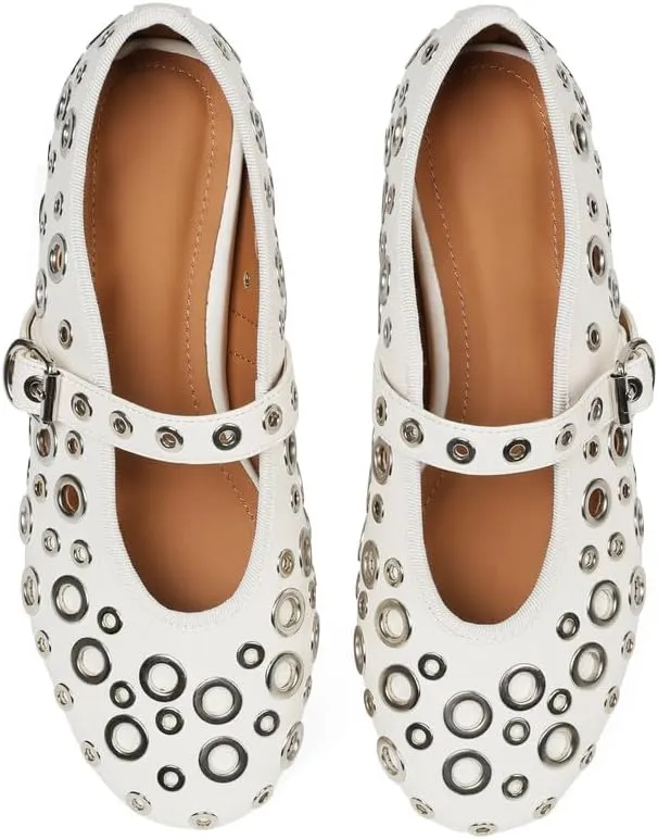 AMINUGAL Dressy Comfortable Mary Jane Flats with Strap and Buckle, Women's Metal Studded Ballerina Flats