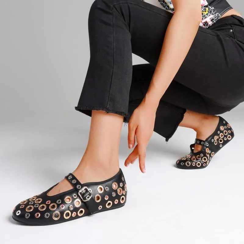AMINUGAL Dressy Comfortable Mary Jane Flats with Strap and Buckle, Women's Metal Studded Ballerina Flats