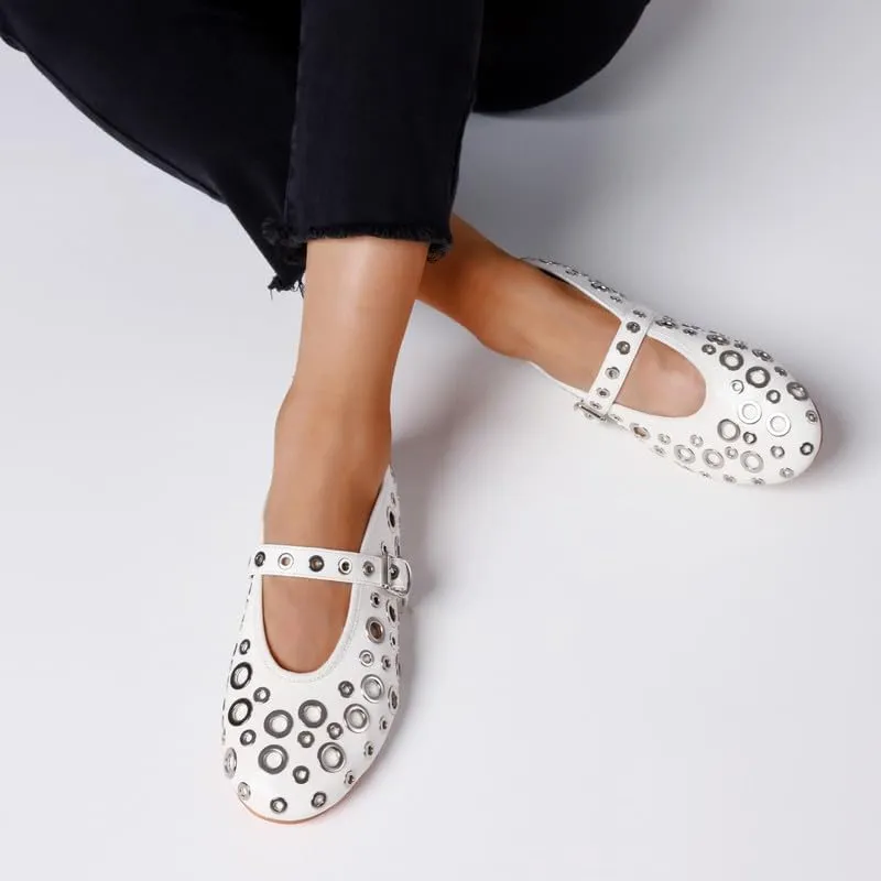 AMINUGAL Dressy Comfortable Mary Jane Flats with Strap and Buckle, Women's Metal Studded Ballerina Flats