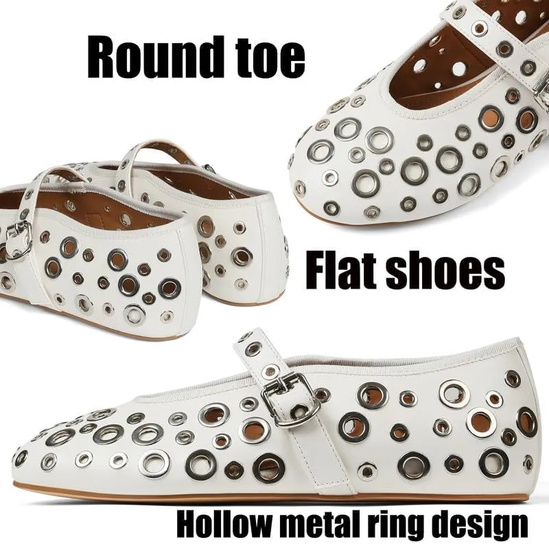 AMINUGAL Dressy Comfortable Mary Jane Flats with Strap and Buckle, Women's Metal Studded Ballerina Flats