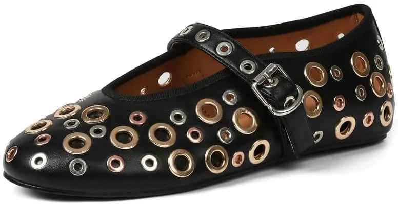 AMINUGAL Dressy Comfortable Mary Jane Flats with Strap and Buckle, Women's Metal Studded Ballerina Flats