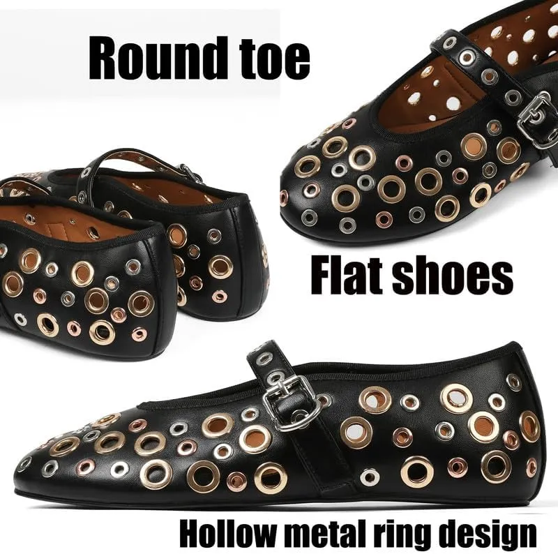 AMINUGAL Dressy Comfortable Mary Jane Flats with Strap and Buckle, Women's Metal Studded Ballerina Flats