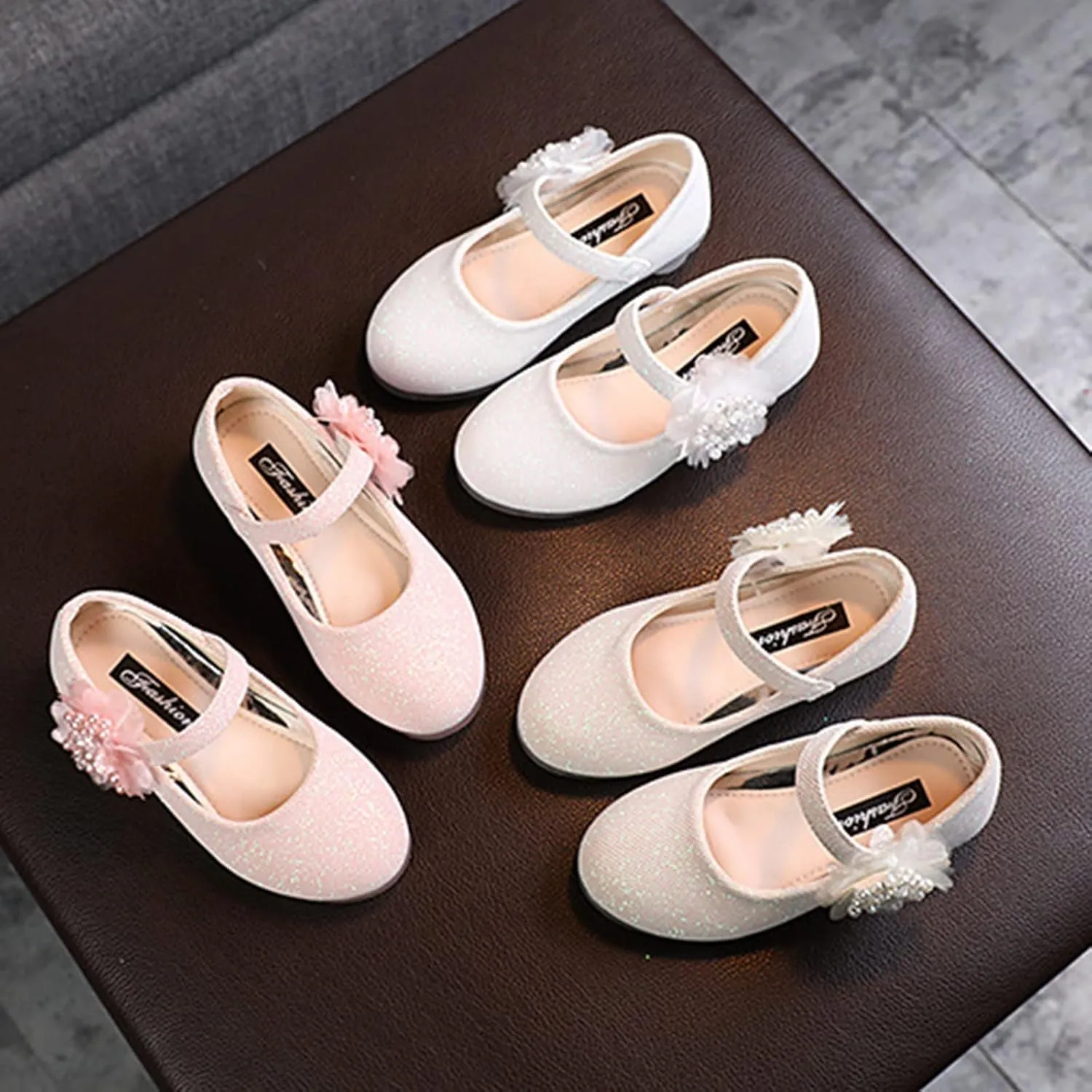 Baby Girls Dress Mary Jane Shining Ballet Flat Toddler School Princess Wedding Pearl Flower Glitter Shoes