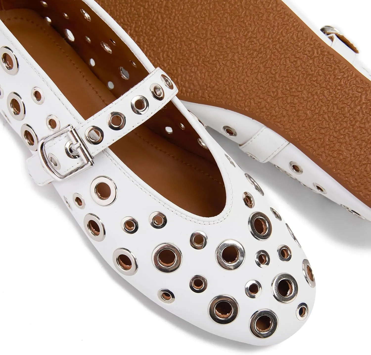 Ballet Flats for Women with Metal Hole Sparkling Buckle Strap Perforated Mary Jane Flat Womens Eyelet Round Toe Ballerina Shoes Low Heel Casual Dress Flats