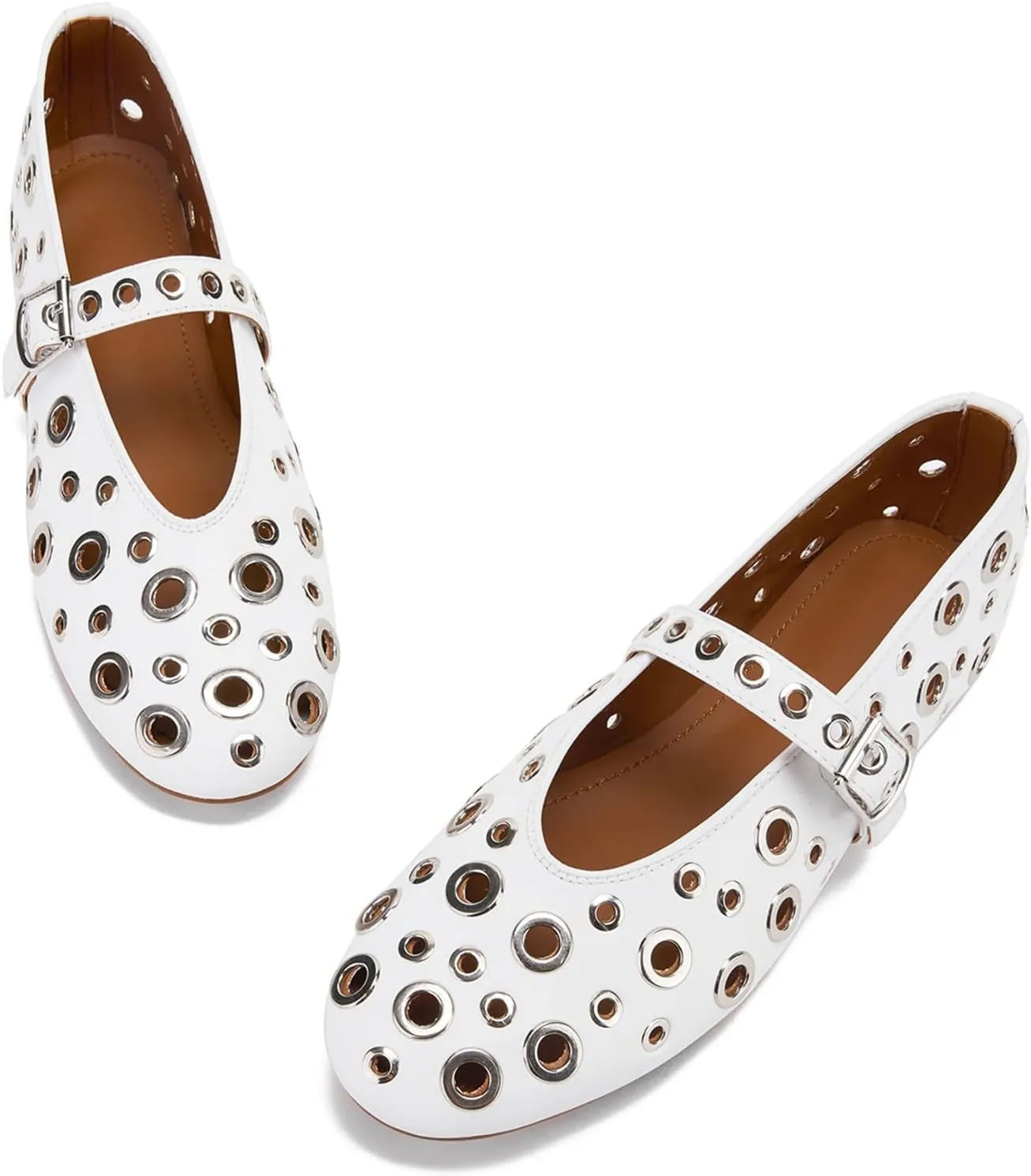 Ballet Flats for Women with Metal Hole Sparkling Buckle Strap Perforated Mary Jane Flat Womens Eyelet Round Toe Ballerina Shoes Low Heel Casual Dress Flats