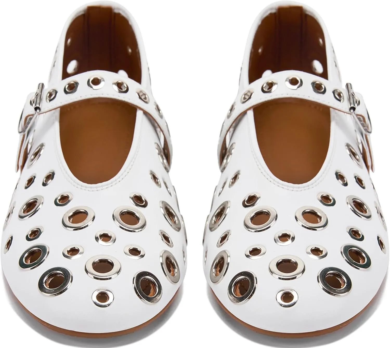 Ballet Flats for Women with Metal Hole Sparkling Buckle Strap Perforated Mary Jane Flat Womens Eyelet Round Toe Ballerina Shoes Low Heel Casual Dress Flats