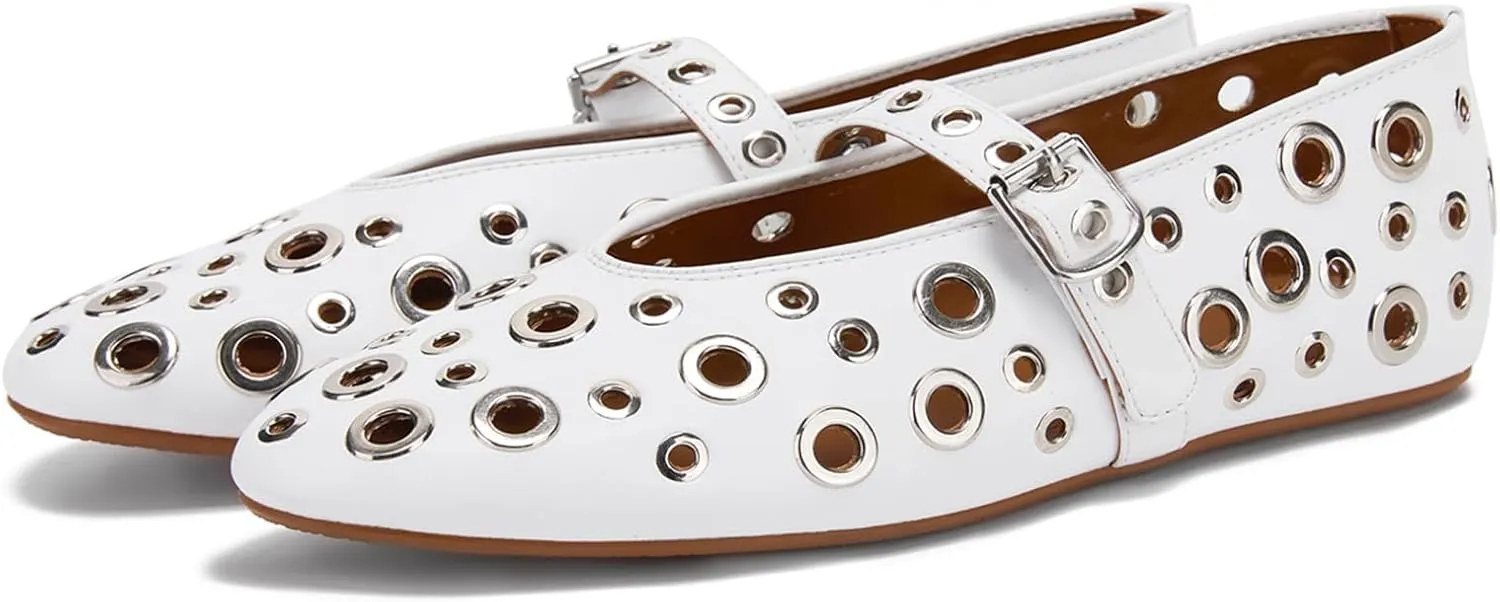 Ballet Flats for Women with Metal Hole Sparkling Buckle Strap Perforated Mary Jane Flat Womens Eyelet Round Toe Ballerina Shoes Low Heel Casual Dress Flats