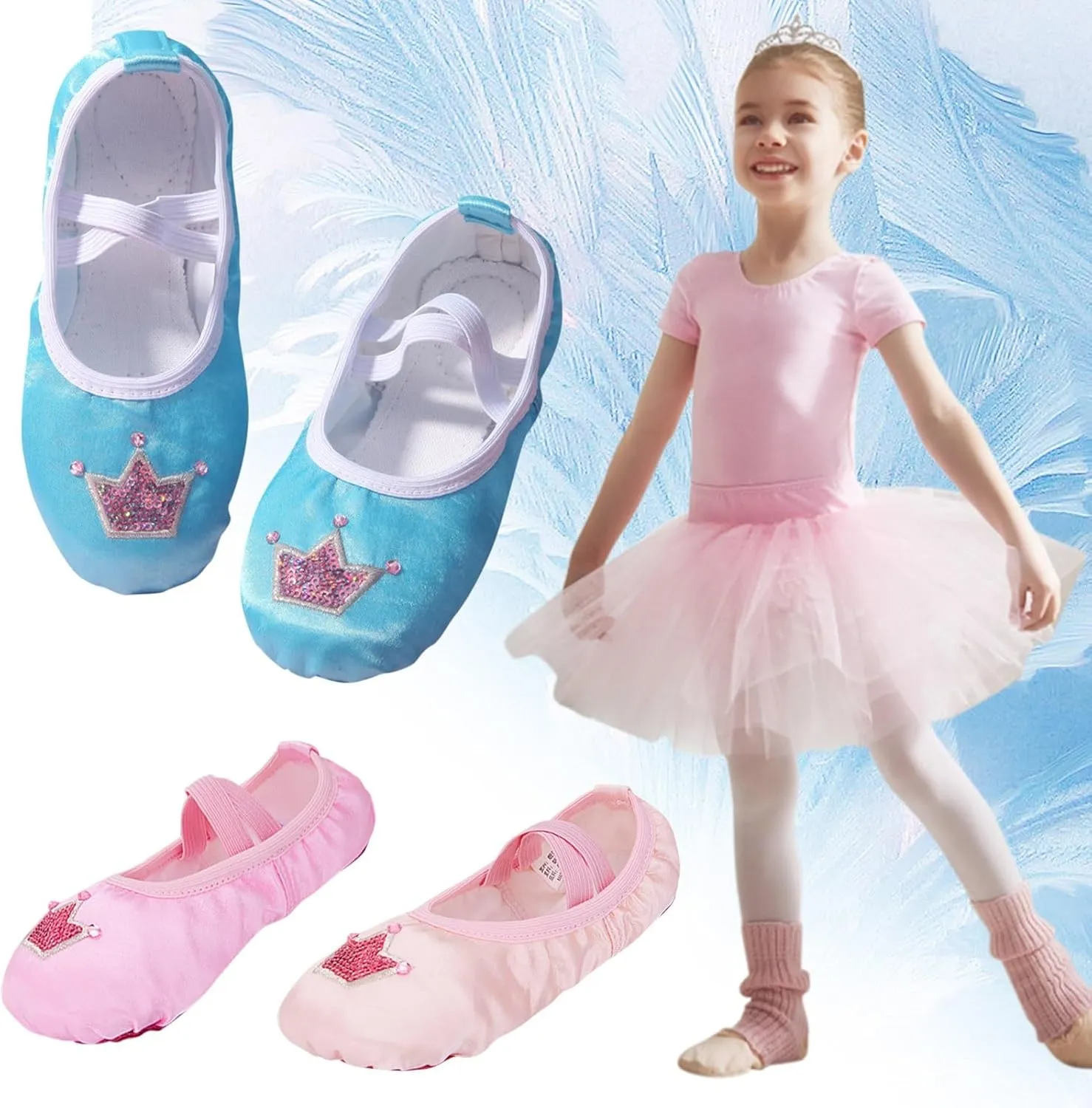 Ballet Shoes for Girls Satin Dance Practice Slippers Split Soft Leather Flat Sole Crown Yoga Gymnastics Shoes