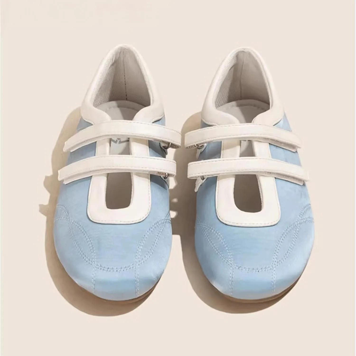 Ballet Sneakers for Woman Leather Trendy Hook and Loop Mary Janes Wide Toe Ballerina Flats Fancy Cute Low Top Ballet Shoes 2025 Spring Summer Dance Daily Dressy