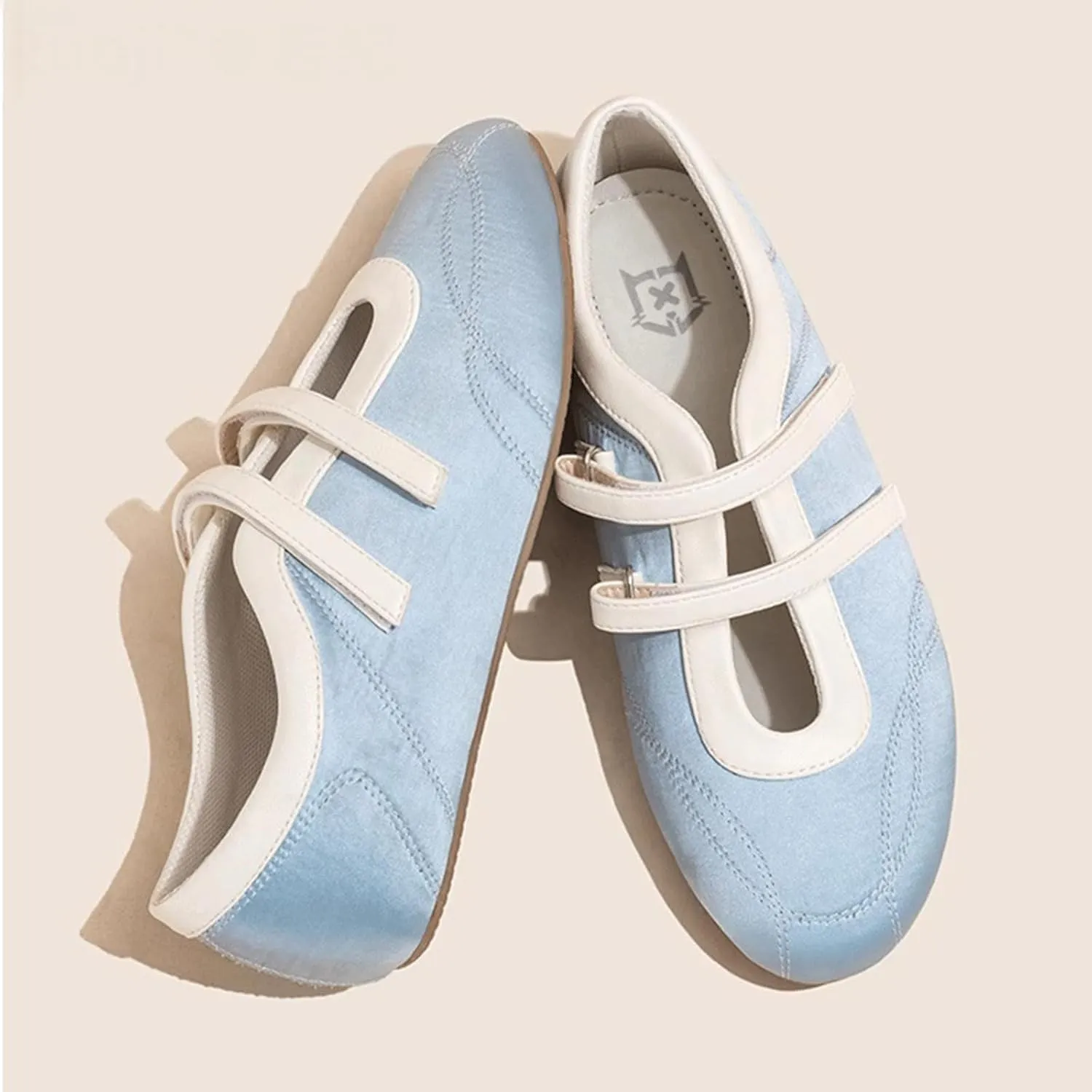 Ballet Sneakers for Woman Leather Trendy Hook and Loop Mary Janes Wide Toe Ballerina Flats Fancy Cute Low Top Ballet Shoes 2025 Spring Summer Dance Daily Dressy