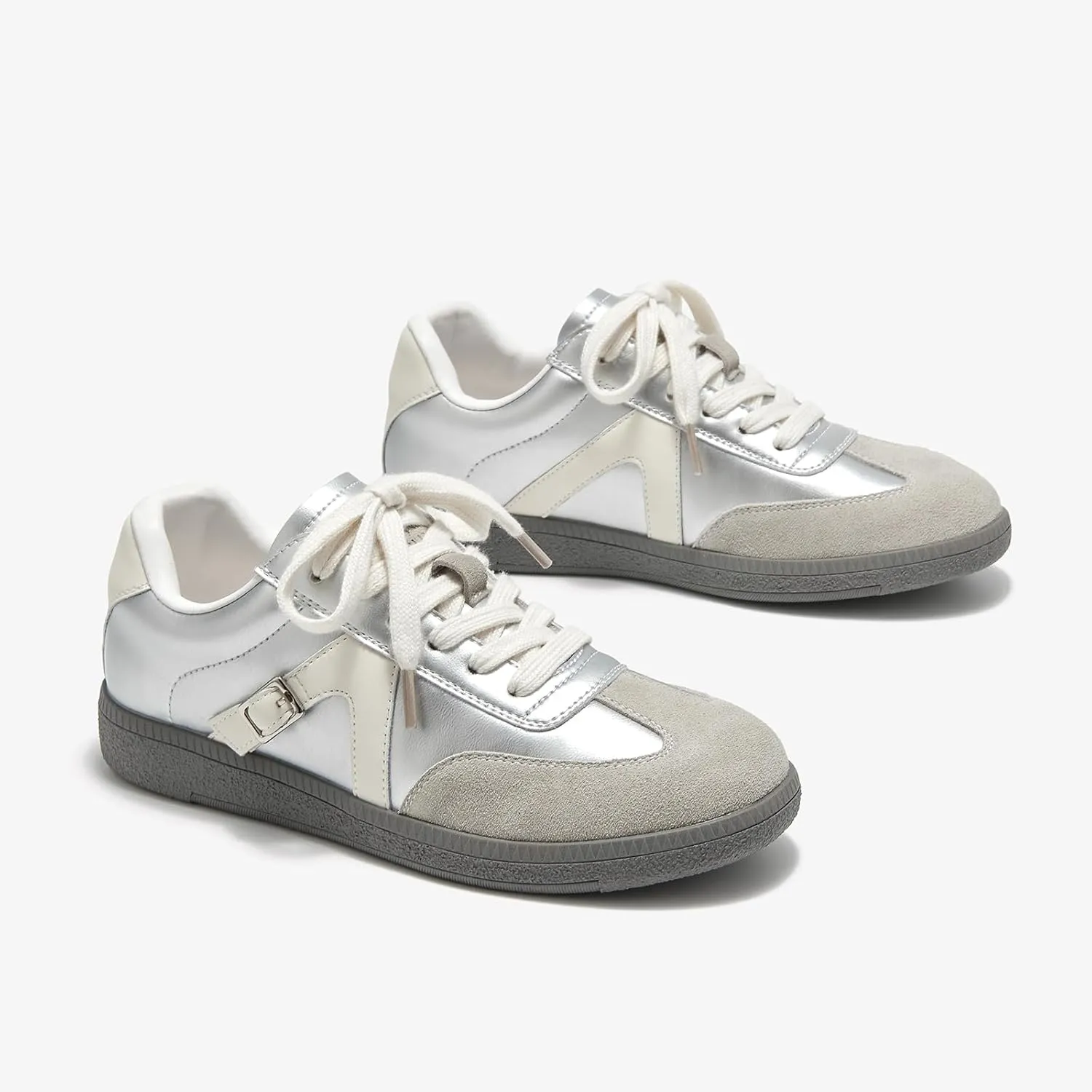 BEAU TODAY Fashion Sneakers Women,Leather Casual Lace Up Retro OG Sneakers,Comfortable Tennis Runnig Trainer Shoes Silver US 5