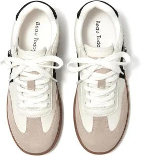 BEAU TODAY Fashion Sneakers Women,Leather Casual Lace Up Retro OG Sneakers,Comfortable Tennis Runnig Trainer Shoes Silver US 5