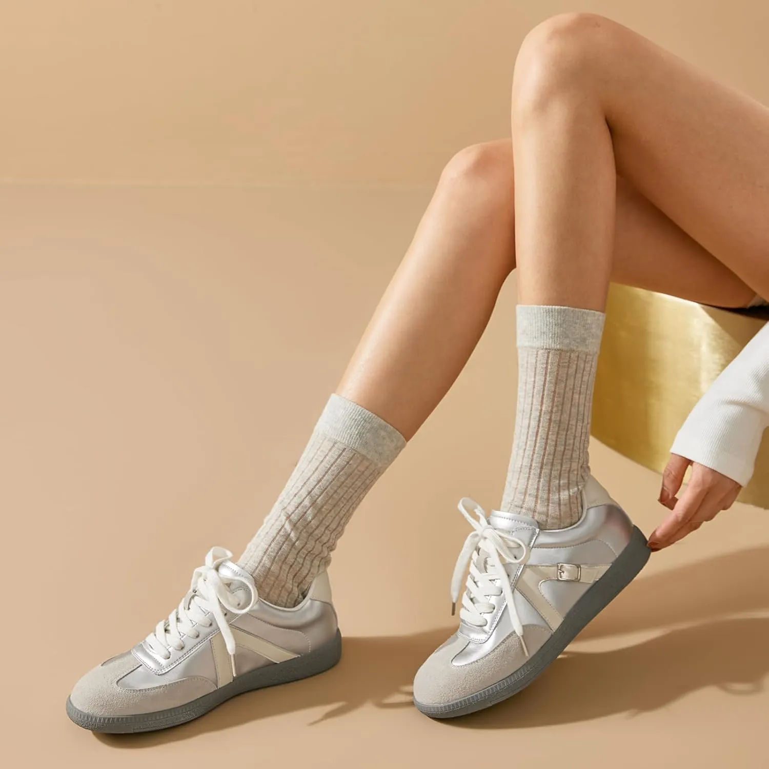 BEAU TODAY Fashion Sneakers Women,Leather Casual Lace Up Retro OG Sneakers,Comfortable Tennis Runnig Trainer Shoes Silver US 5