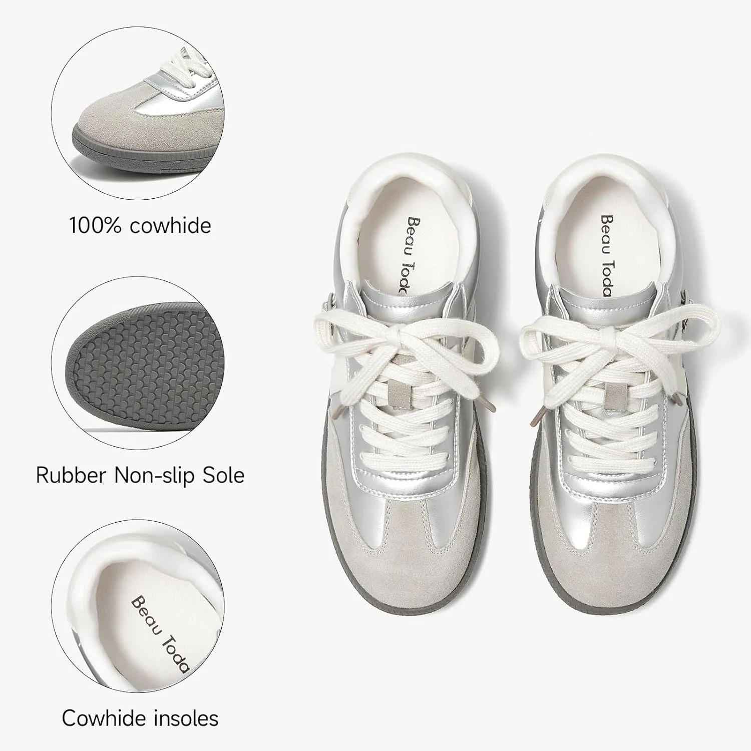 BEAU TODAY Fashion Sneakers Women,Leather Casual Lace Up Retro OG Sneakers,Comfortable Tennis Runnig Trainer Shoes Silver US 5