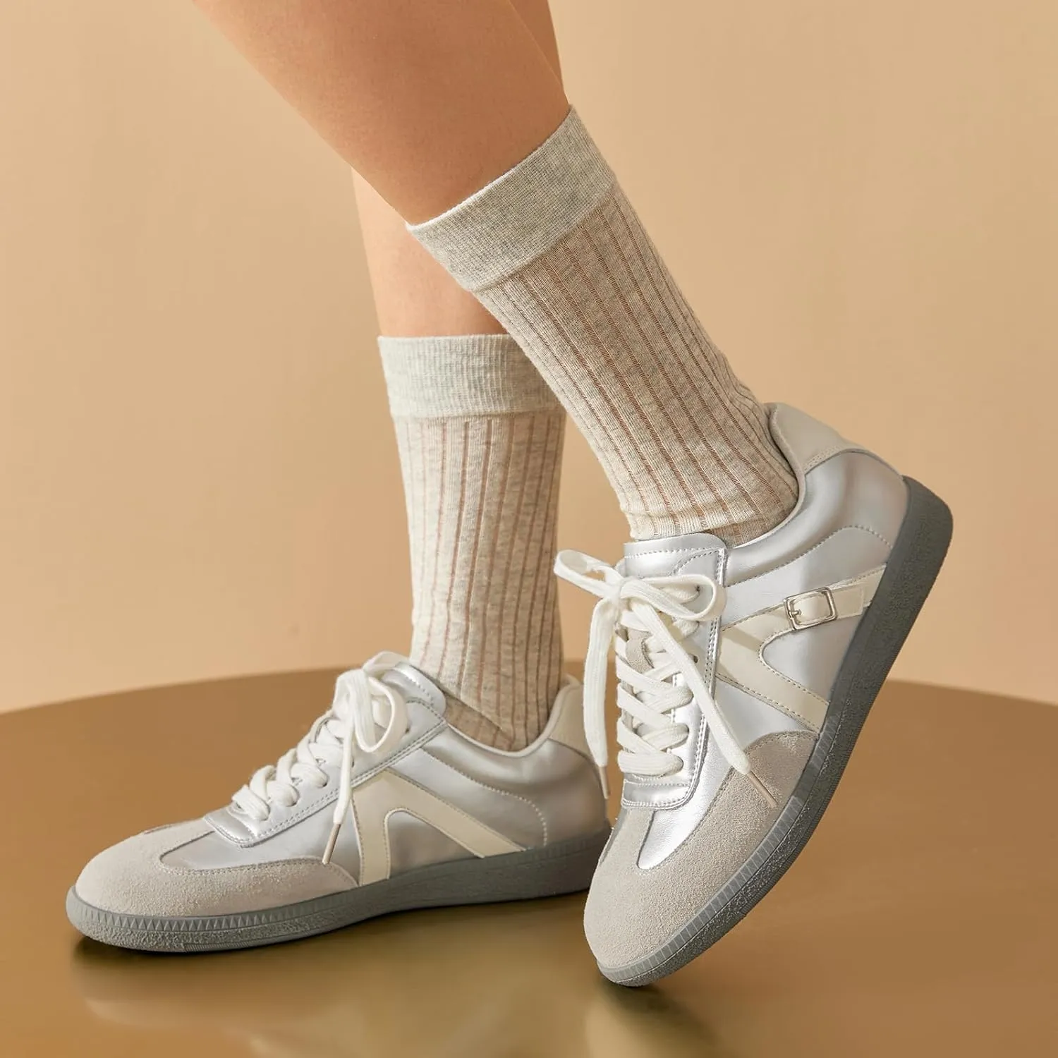BEAU TODAY Fashion Sneakers Women,Leather Casual Lace Up Retro OG Sneakers,Comfortable Tennis Runnig Trainer Shoes Silver US 5