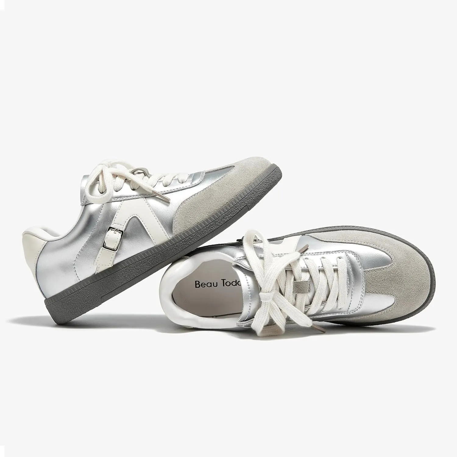 BEAU TODAY Fashion Sneakers Women,Leather Casual Lace Up Retro OG Sneakers,Comfortable Tennis Runnig Trainer Shoes Silver US 5