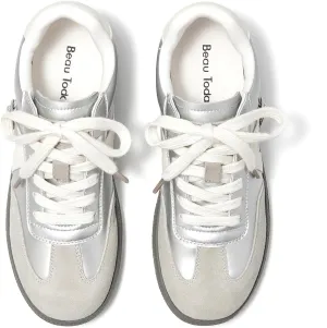 BEAU TODAY Fashion Sneakers Women,Leather Casual Lace Up Retro OG Sneakers,Comfortable Tennis Runnig Trainer Shoes Silver US 5