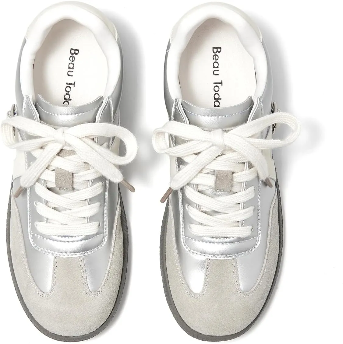 BEAU TODAY Fashion Sneakers Women,Leather Casual Lace Up Retro OG Sneakers,Comfortable Tennis Runnig Trainer Shoes Silver US 5