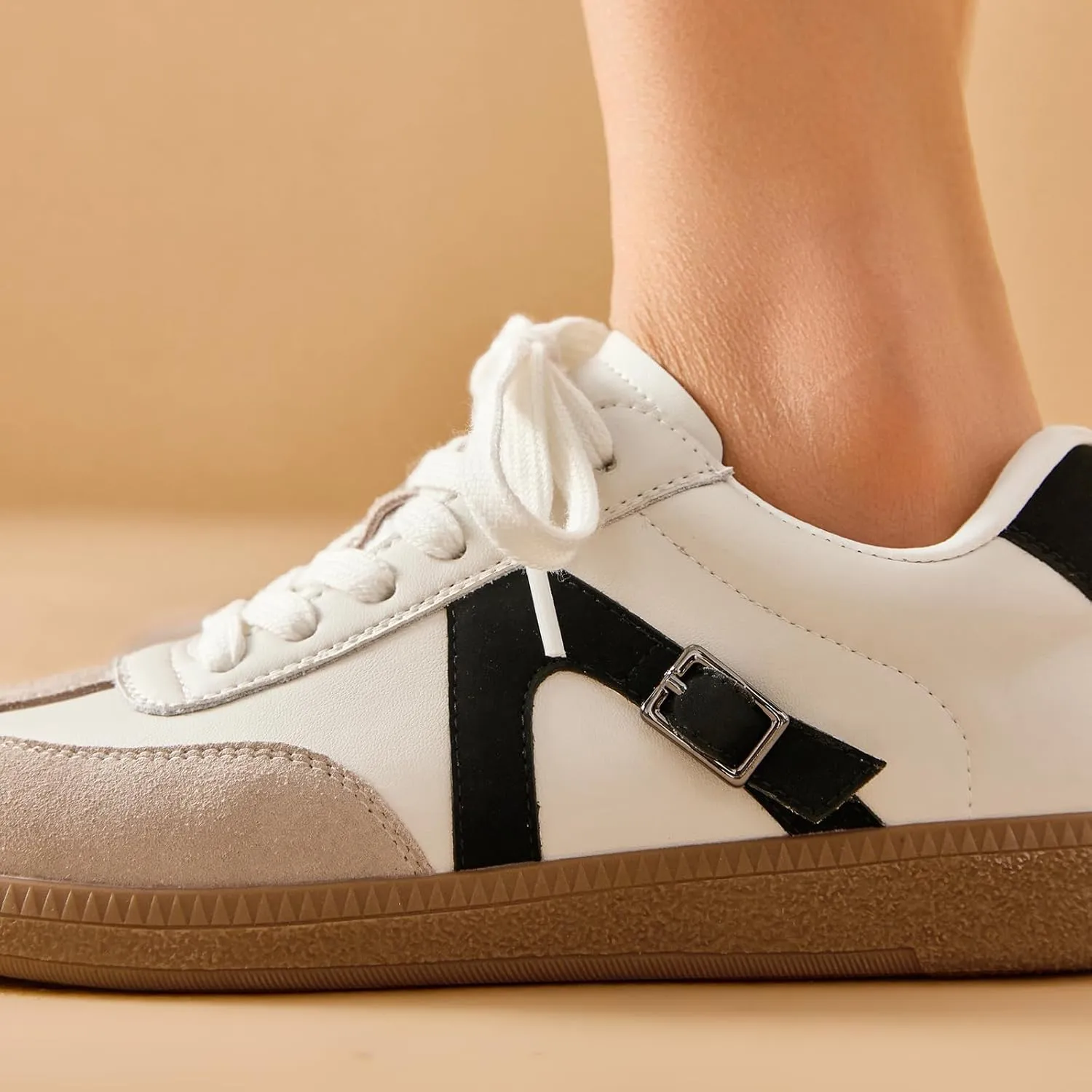 BEAU TODAY Fashion Sneakers Women,Leather Casual Lace Up Retro OG Sneakers,Comfortable Tennis Runnig Trainer Shoes Silver US 5