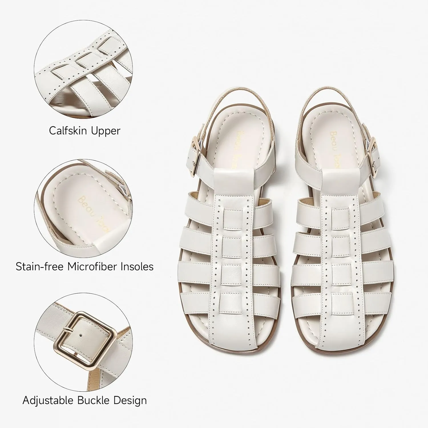 BEAU TODAY Fisherman Sandals for Women, Womens Leather Flat Sandals, Gladiator Strappy Close Toe Roman Sandals Shoes Comfortable Dress Buckle Summer Shoes