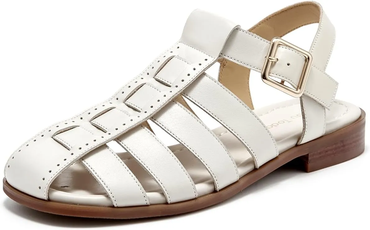 BEAU TODAY Fisherman Sandals for Women, Womens Leather Flat Sandals, Gladiator Strappy Close Toe Roman Sandals Shoes Comfortable Dress Buckle Summer Shoes