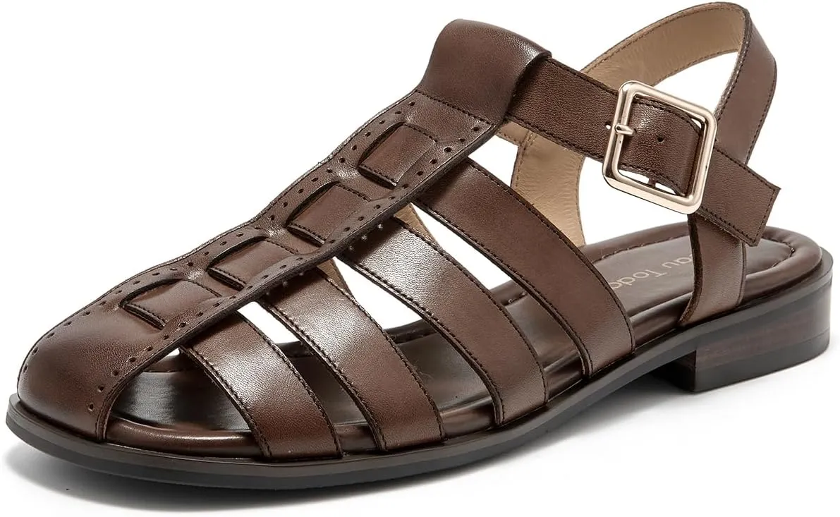 BEAU TODAY Fisherman Sandals for Women, Womens Leather Flat Sandals, Gladiator Strappy Close Toe Roman Sandals Shoes Comfortable Dress Buckle Summer Shoes