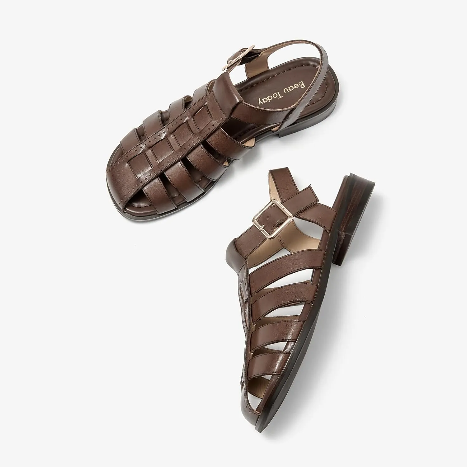 BEAU TODAY Fisherman Sandals for Women, Womens Leather Flat Sandals, Gladiator Strappy Close Toe Roman Sandals Shoes Comfortable Dress Buckle Summer Shoes