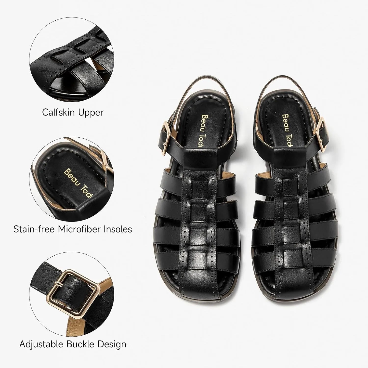 BEAU TODAY Fisherman Sandals for Women, Womens Leather Flat Sandals, Gladiator Strappy Close Toe Roman Sandals Shoes Comfortable Dress Buckle Summer Shoes