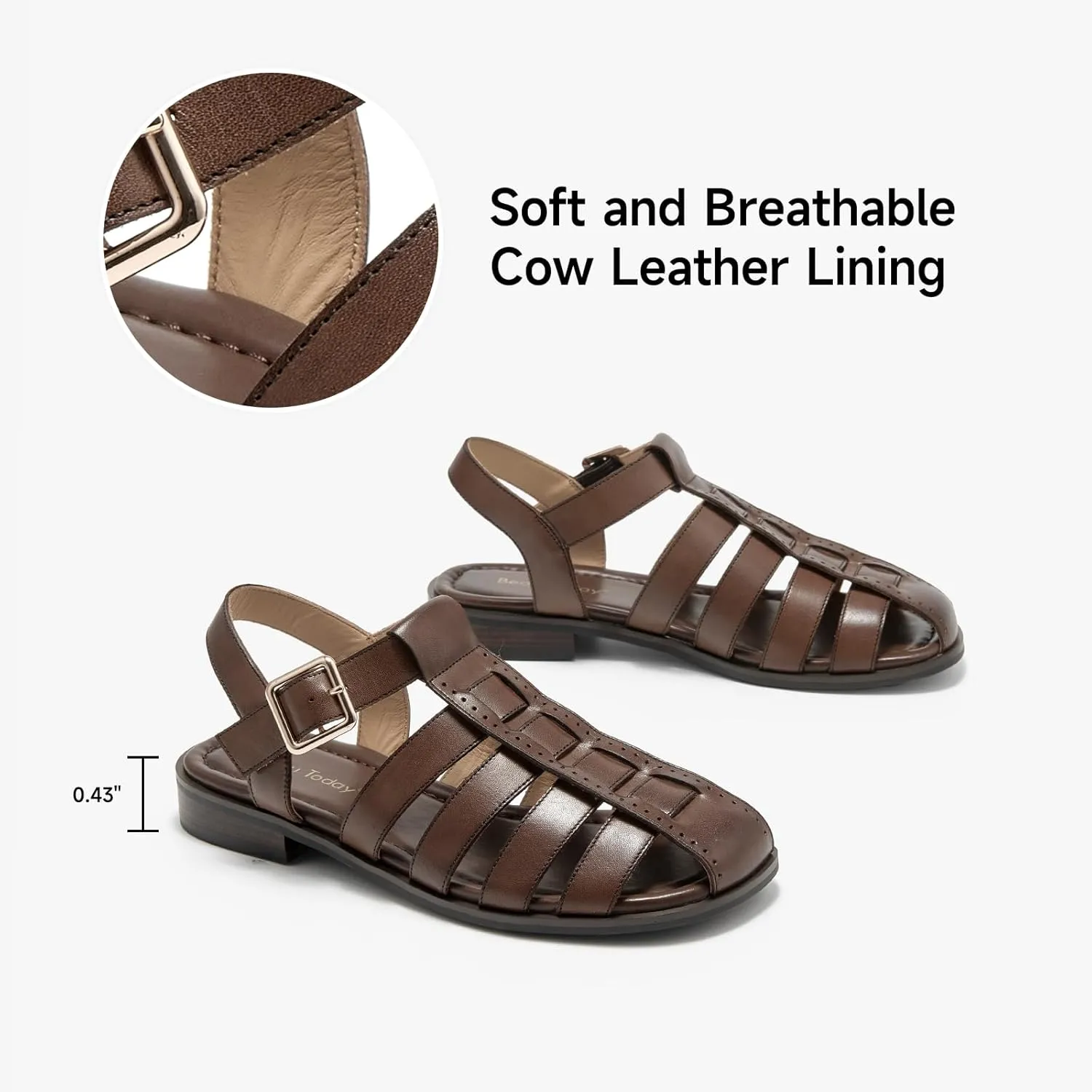 BEAU TODAY Fisherman Sandals for Women, Womens Leather Flat Sandals, Gladiator Strappy Close Toe Roman Sandals Shoes Comfortable Dress Buckle Summer Shoes