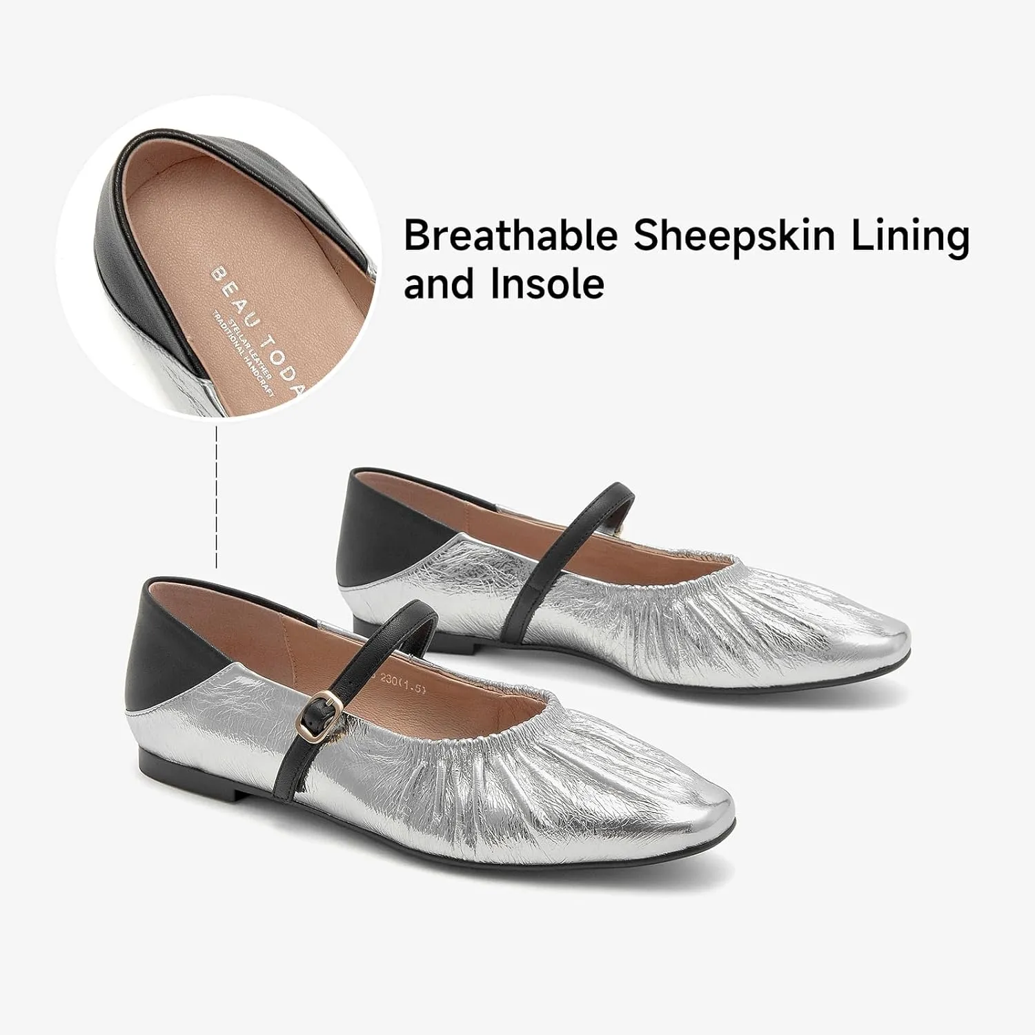 BEAU TODAY Women Mary Jane Shoes, Mary Jane Ballet Flats for Women, Pointed Toe Dressy Flats for Women, Comfortable Adjustable Strap Dress Shoes for Wedding Party