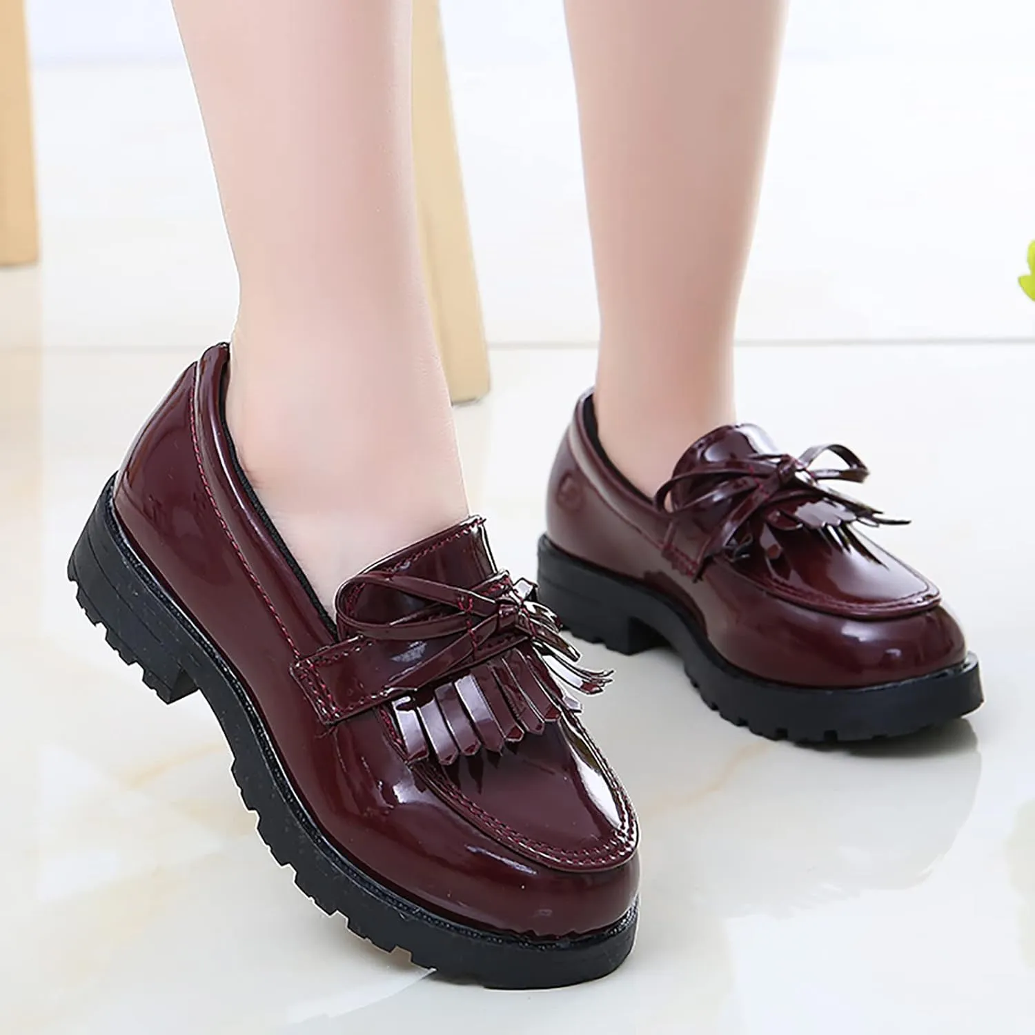 Boys Slip on Shoe Girls Slip On Leather Loafer Tassel Bow Flats School Dress Shoes for Girls and 1 Boys