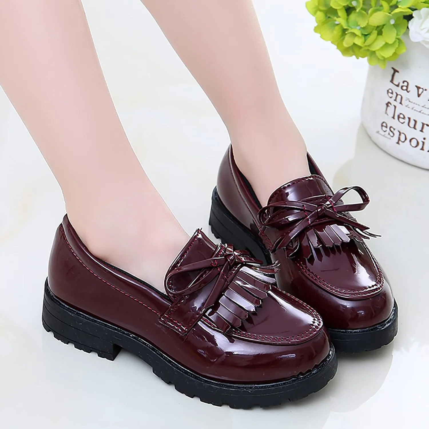 Boys Slip on Shoe Girls Slip On Leather Loafer Tassel Bow Flats School Dress Shoes for Girls and 1 Boys