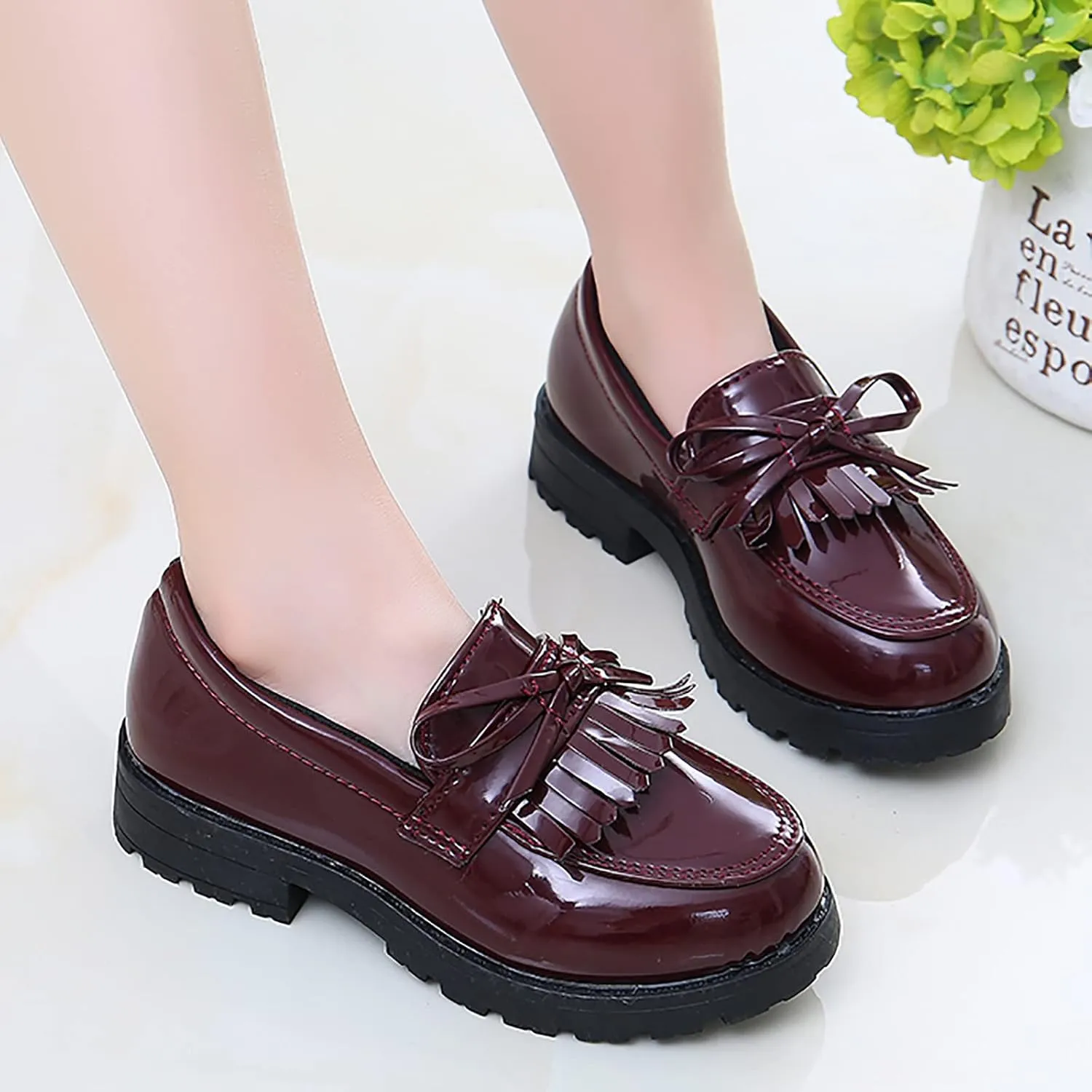 Boys Slip on Shoe Girls Slip On Leather Loafer Tassel Bow Flats School Dress Shoes for Girls and 1 Boys