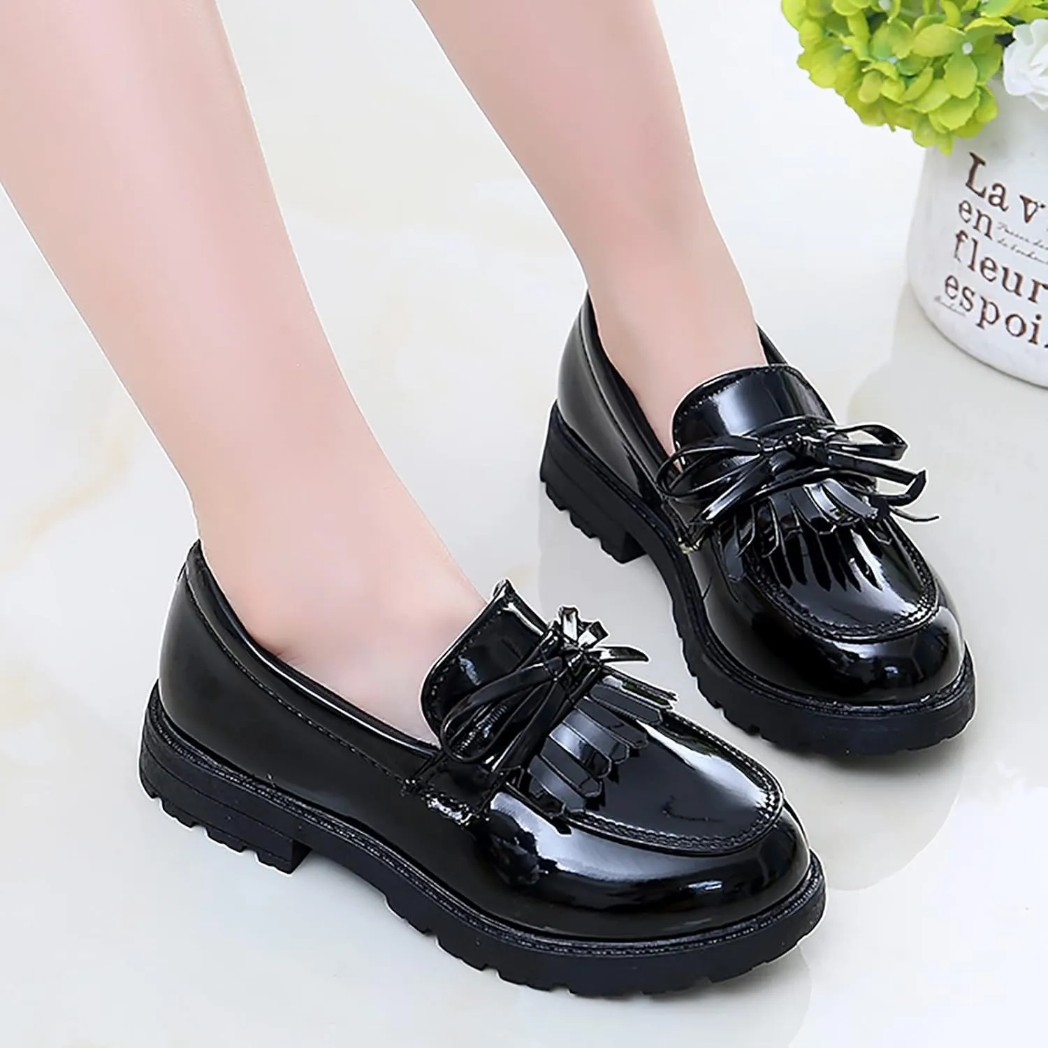 Boys Slip on Shoe Girls Slip On Leather Loafer Tassel Bow Flats School Dress Shoes for Girls and 1 Boys
