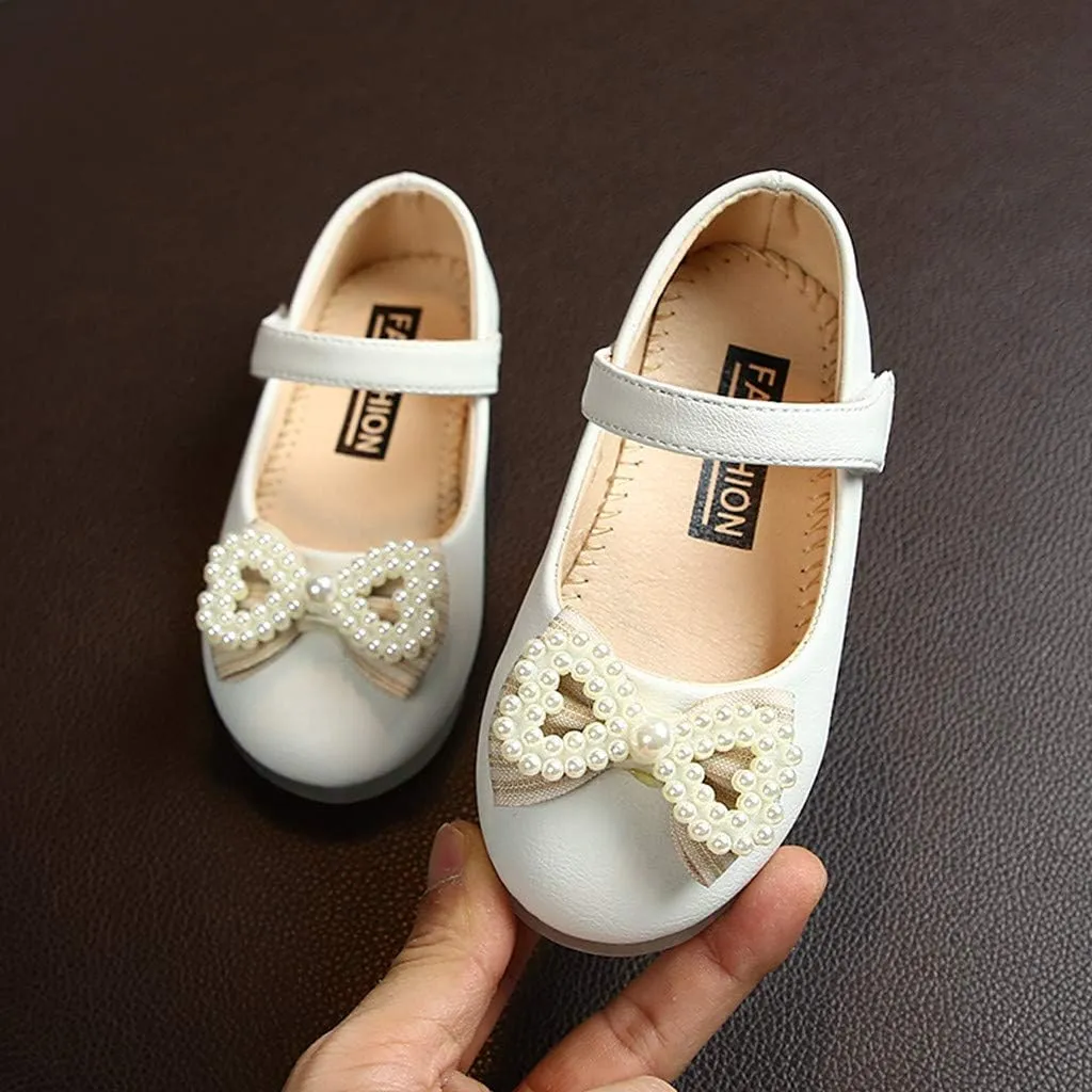 Butterfly-Knot Single Princess Leather Shoes for Toddler Infant Kids Girl Pearl Ankle Strap Dress Ballet Flat Shoes