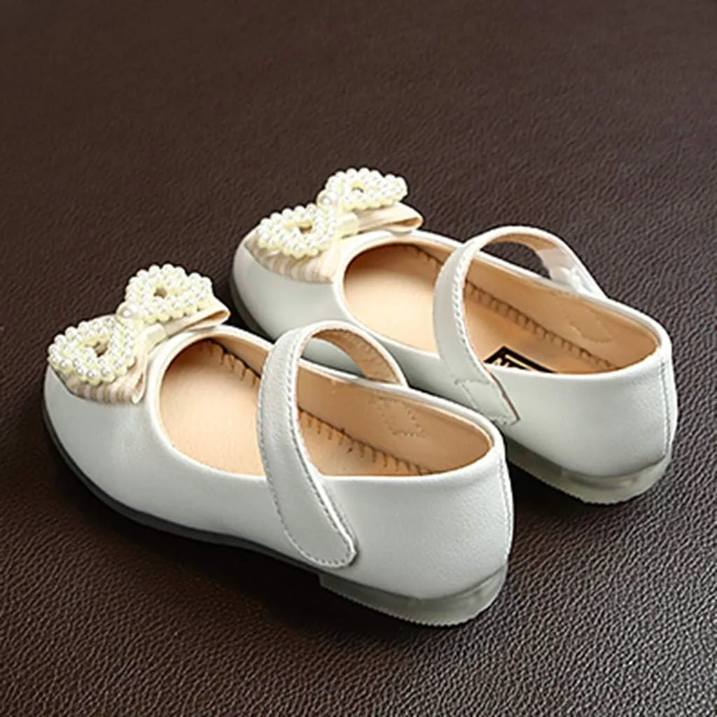 Butterfly-Knot Single Princess Leather Shoes for Toddler Infant Kids Girl Pearl Ankle Strap Dress Ballet Flat Shoes