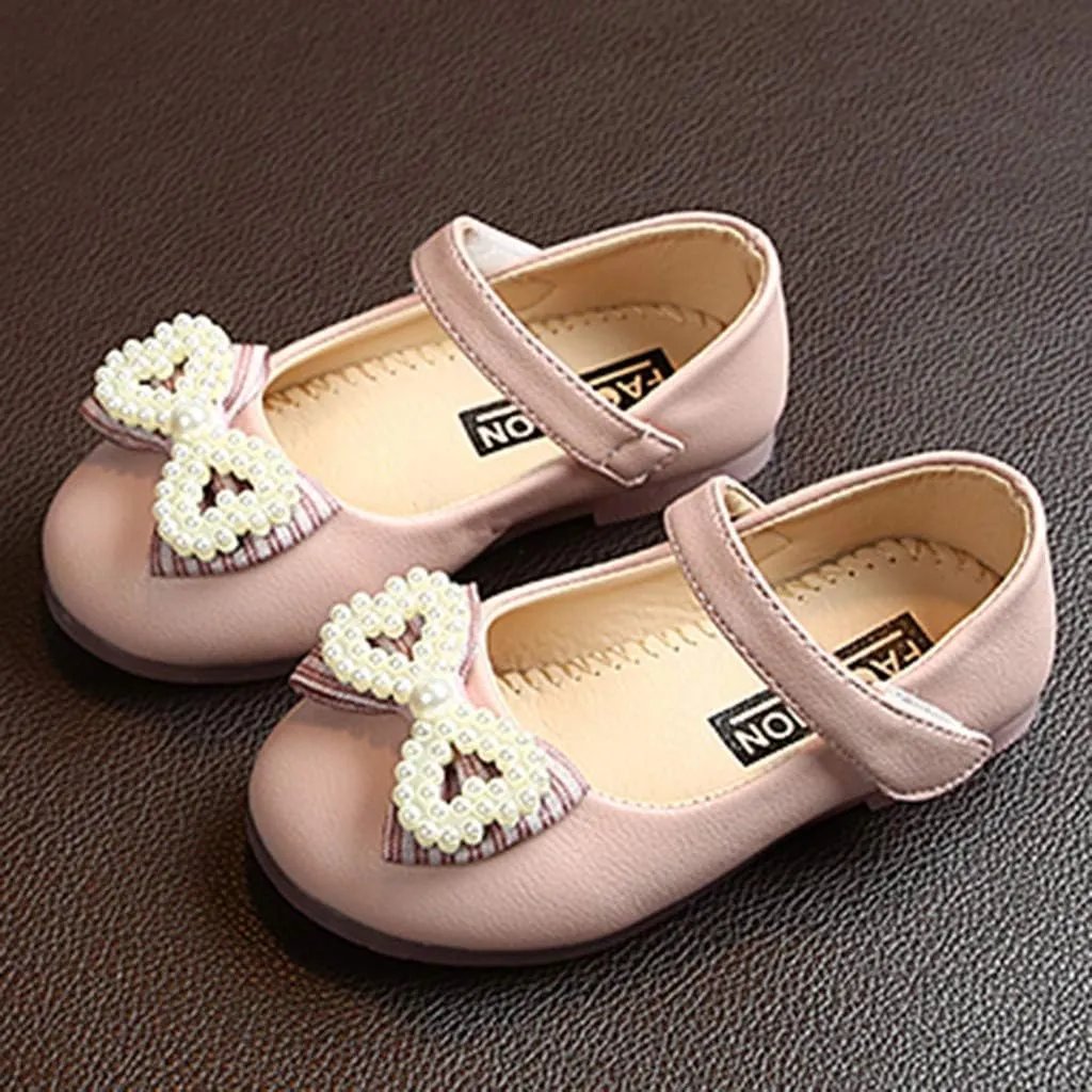 Butterfly-Knot Single Princess Leather Shoes for Toddler Infant Kids Girl Pearl Ankle Strap Dress Ballet Flat Shoes