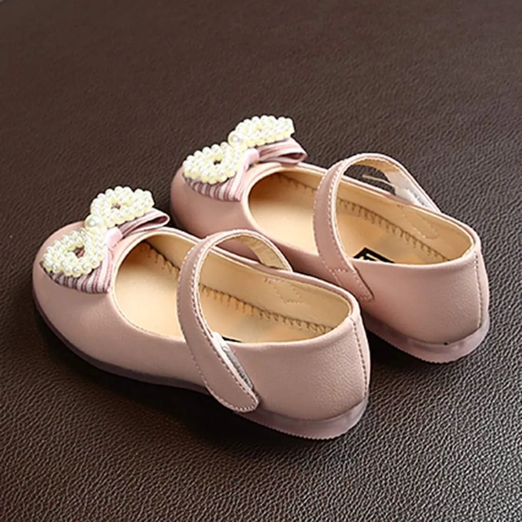 Butterfly-Knot Single Princess Leather Shoes for Toddler Infant Kids Girl Pearl Ankle Strap Dress Ballet Flat Shoes