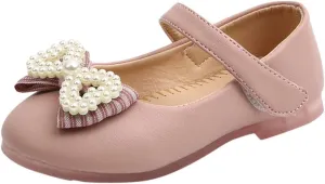 Butterfly-Knot Single Princess Leather Shoes for Toddler Infant Kids Girl Pearl Ankle Strap Dress Ballet Flat Shoes