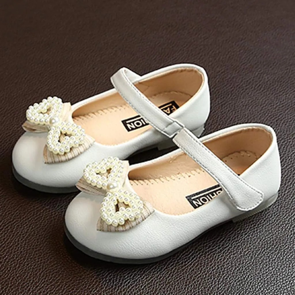 Butterfly-Knot Single Princess Leather Shoes for Toddler Infant Kids Girl Pearl Ankle Strap Dress Ballet Flat Shoes