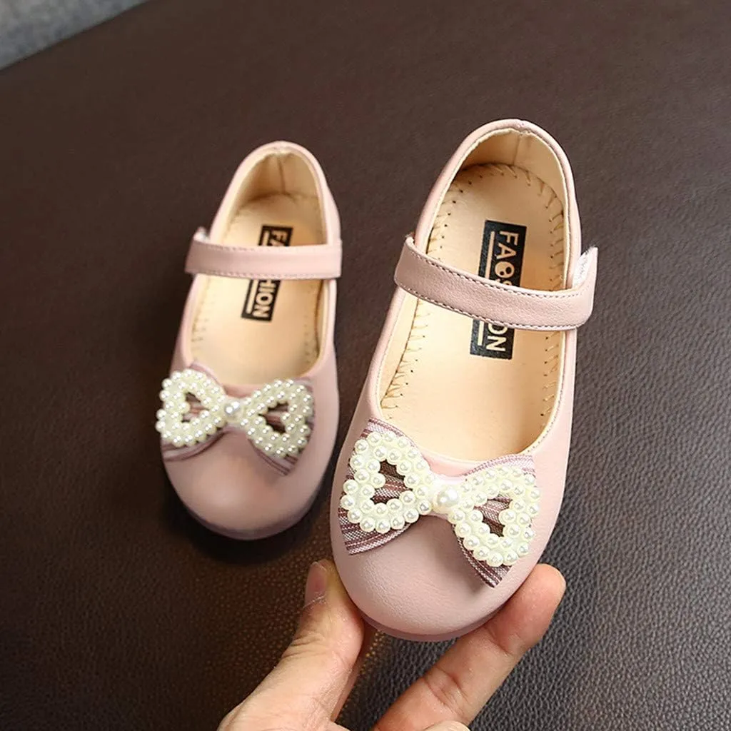 Butterfly-Knot Single Princess Leather Shoes for Toddler Infant Kids Girl Pearl Ankle Strap Dress Ballet Flat Shoes
