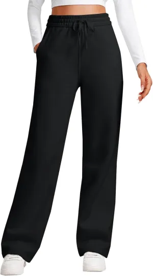 Casual High Waist Drawstring Straight Leg Trousers Loose Fit Comfy Workout Athletic Yoga Pants with Pockets for Women