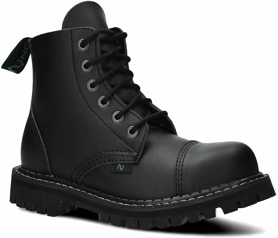 Charley - Women's vegan leather combat boot (black, 6 eyelets, steel toe)