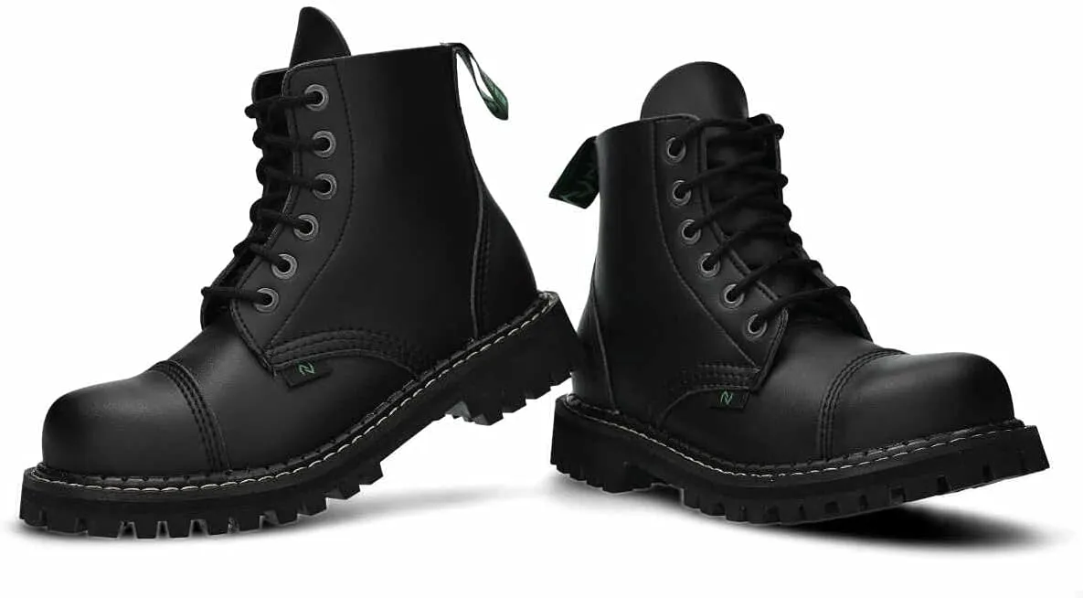 Charley - Women's vegan leather combat boot (black, 6 eyelets, steel toe)