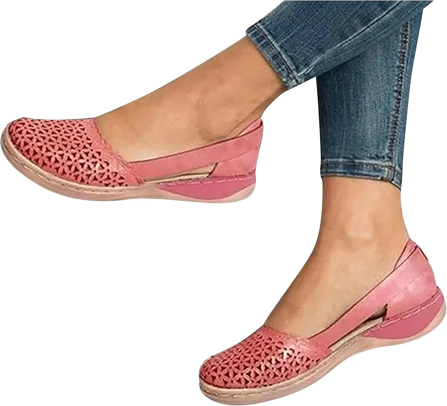 Closed Toe Sandals Women Hollow Out Shoes Orthotic Wedge Flats Sandals Round Toe Casual Slip On Comfort Eyelets Shoes