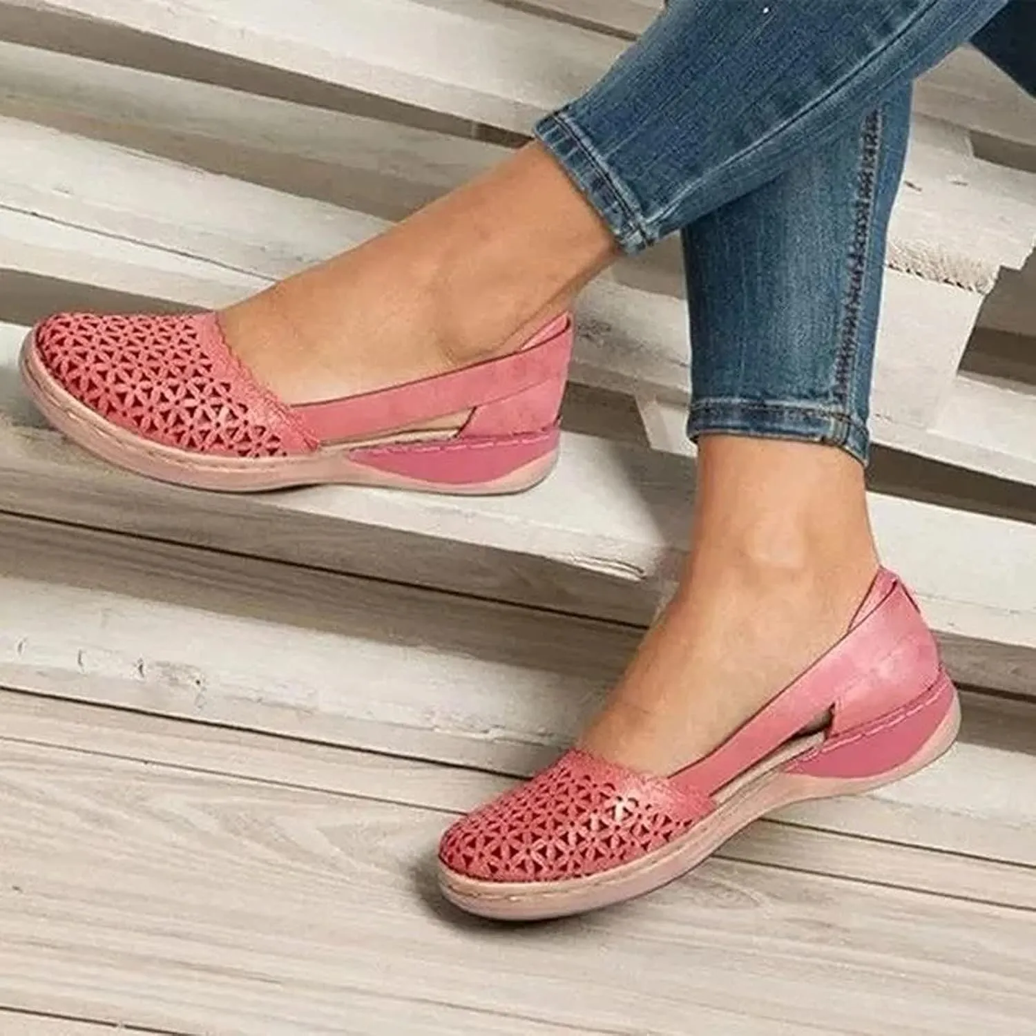 Closed Toe Sandals Women Hollow Out Shoes Orthotic Wedge Flats Sandals Round Toe Casual Slip On Comfort Eyelets Shoes