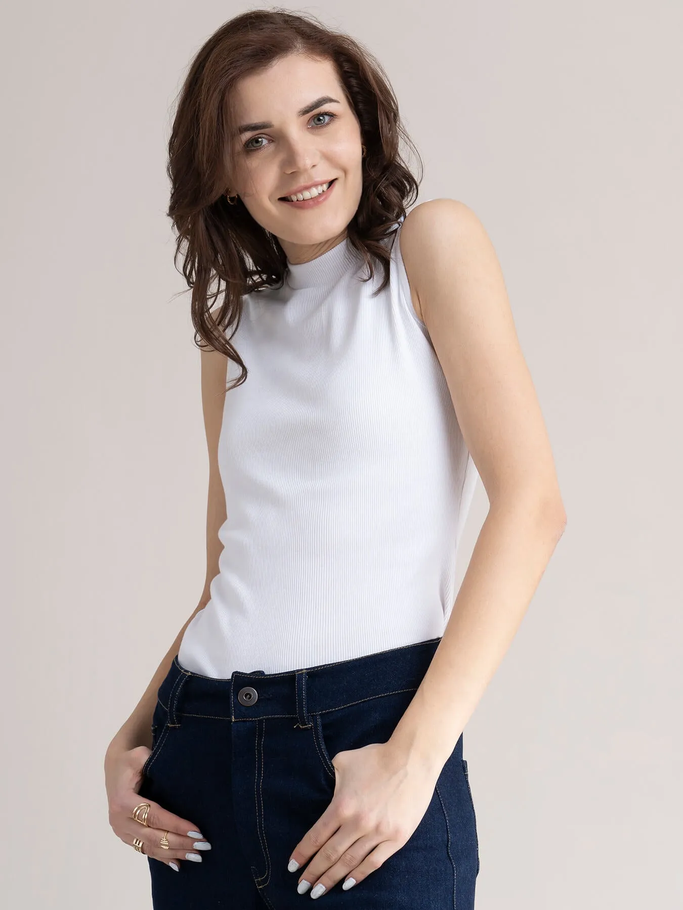 Cotton Sleeveless Rib Tee - White