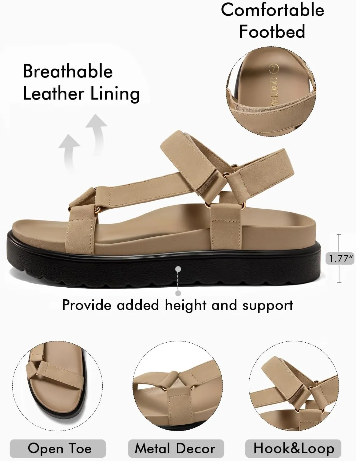 Coutgo Womens Platform Sandals Comfortable Arch Support Footbed Adjustable Ankle Strap Summer Beach Flat Sandals