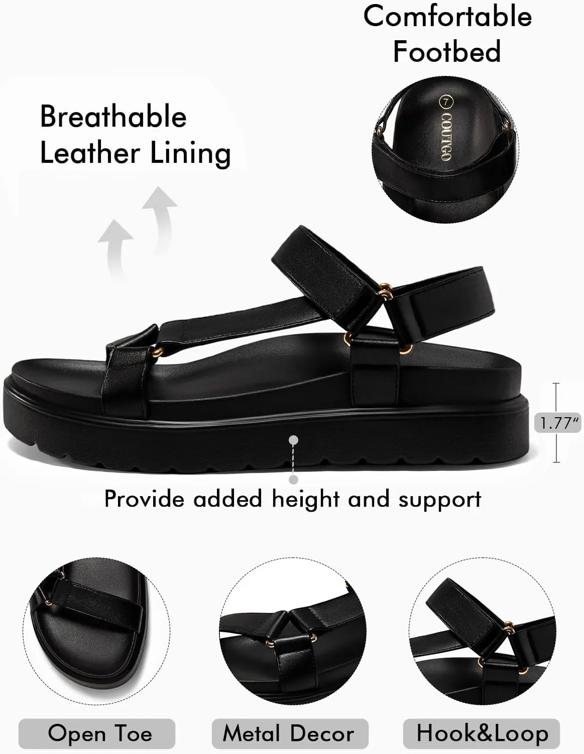 Coutgo Womens Platform Sandals Comfortable Arch Support Footbed Adjustable Ankle Strap Summer Beach Flat Sandals